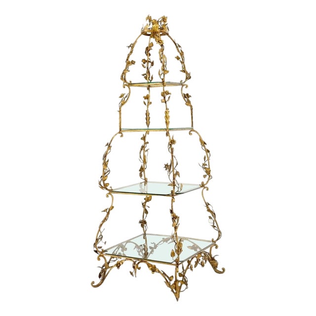 Gilt Metal Flowers Decorated Italian Pyramid Shape Display Shelves Etagere Table For Sale