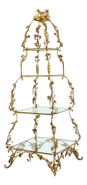 Gilt Metal Flowers Decorated Italian Pyramid Shape Display Shelves Etagere Table