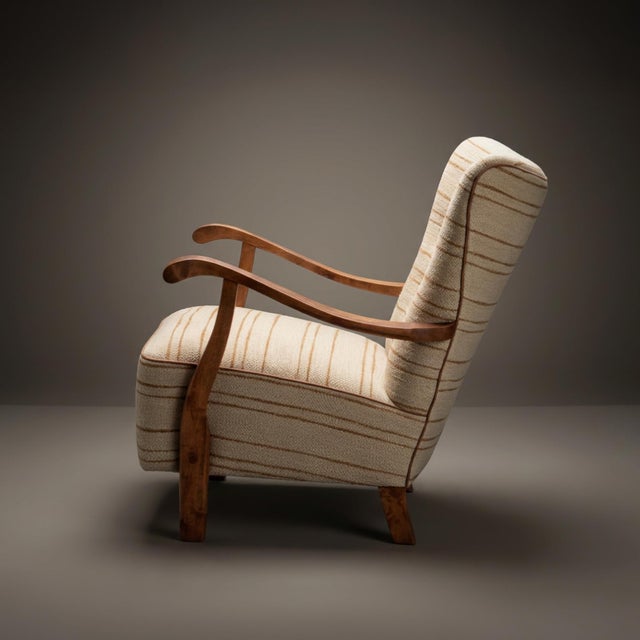 Mid-Century Modern Swedish Modern Arm Lounge Chairs in Linen & Birch, Pair For Sale - Image 3 of 8