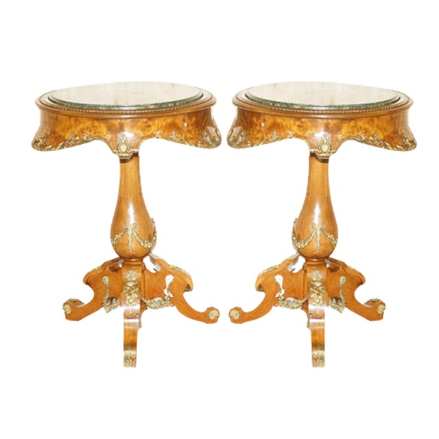 Antique French Burr Walnut, Gilt Brass & Green Marble Side Tables, Set of 2 For Sale