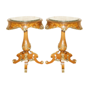Antique French Burr Walnut, Gilt Brass & Green Marble Side Tables, Set of 2