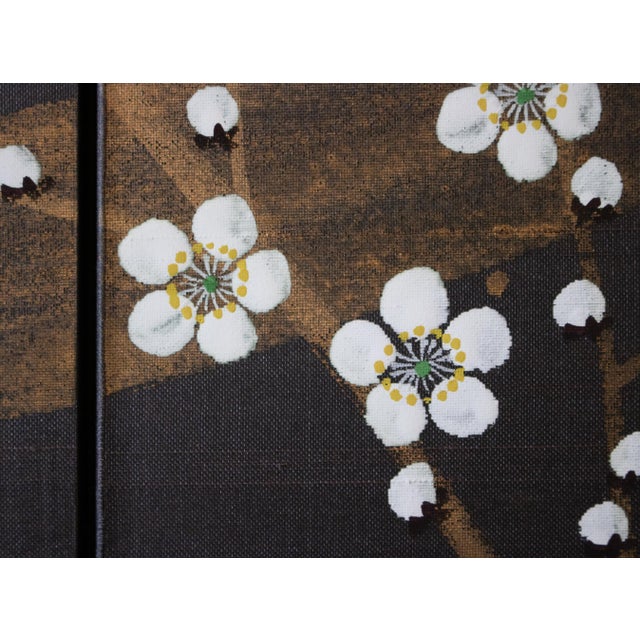 Coffee 1960s Shōwa Era Japanese Silk Byobu Screen, Blue-and-White Flycatcher and Sakura For Sale - Image 8 of 16