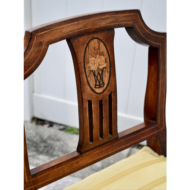 Antique Regency Walnut Vanity Bench Double Arm Inlaid Wood Gold Stripe 1910s For Sale - Image 4 of 13