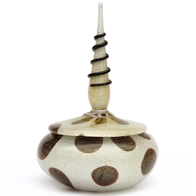 Beautiful vintage Murano hand blown white, dark purple / black and gold flecks Italian art glass vanity powder or jewelry...