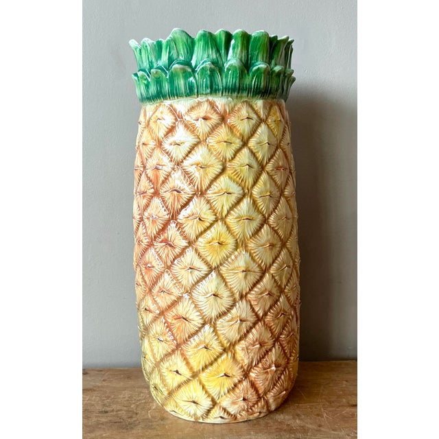 Hollywood Regency Vintage Italian Hand Painted Pineapple Umbrella Stand For Sale - Image 3 of 7