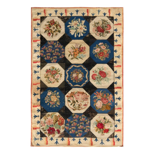 Handmade Antique English Needlepoint Rug in Blue, Beige-Brown Floral Pattern For Sale In New York - Image 6 of 6