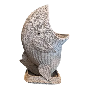 Vintage Wicker Whale Planter in White