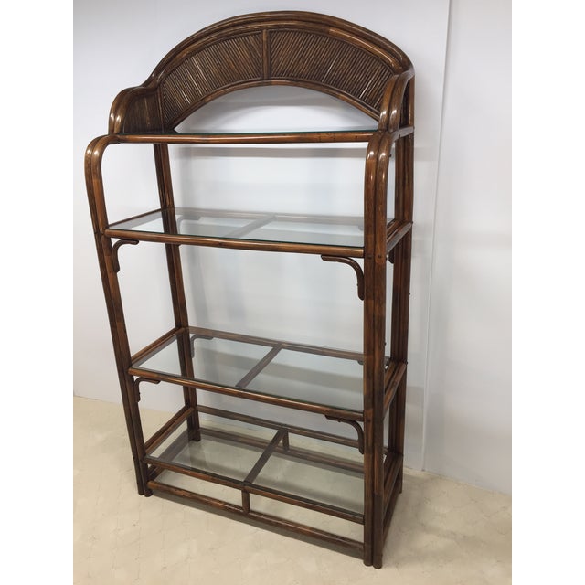 Mid-Century Modern Vintage Rattan and Glass Arched Fan Top Multi Shelf Etagere For Sale - Image 3 of 18