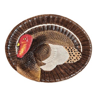 Vintage Hand Painted Colorful Oval Turkey Platter For Sale