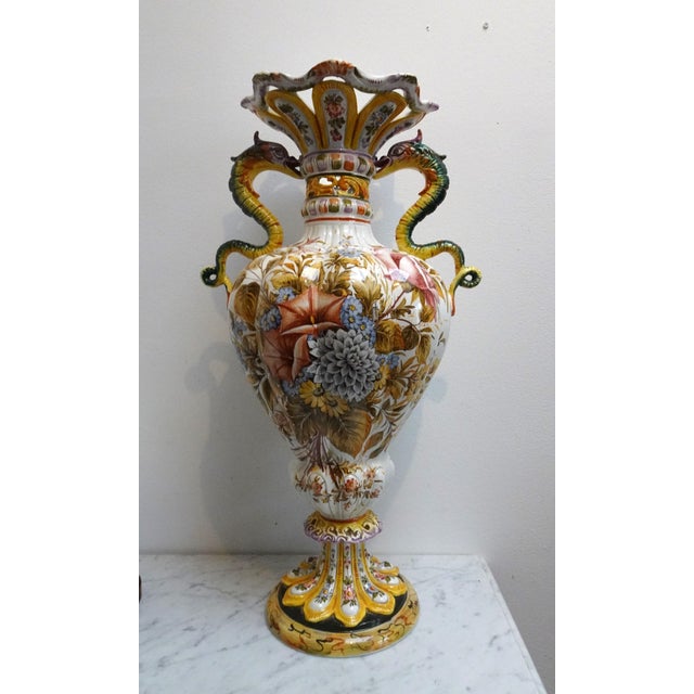 Renaissance Style Hand-Painted Majolica Vase with Flowers and Dragon-Shaped Handles from Nove Bassano, Italy, 1950s For Sale - Image 17 of 17
