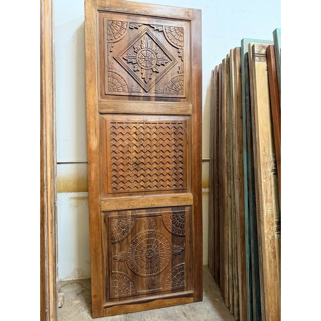 Hand Carved Teak Wood Barn Door Geometric Medallion Three Panel Farmhouse Sliding Door 96x36 For Sale - Image 4 of 8