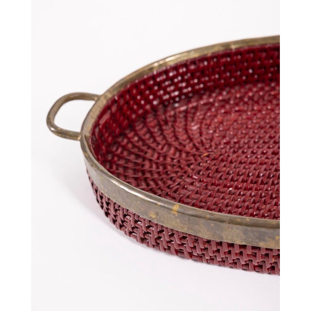 1970s Vintage Italian Wicker and Brass Tray, 1970s For Sale - Image 5 of 11