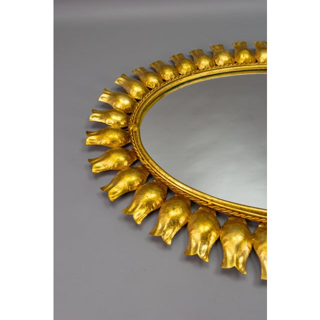 Gold Mid-Century Gilt Metal Oval Sunburst Wall Mirror, 1950s For Sale - Image 8 of 18