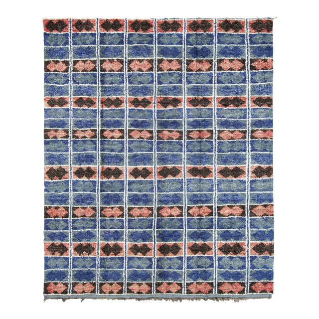 Vintage Moroccan Rug, Blue & Pink With Geometric Patterns - Rug & Kilim For Sale
