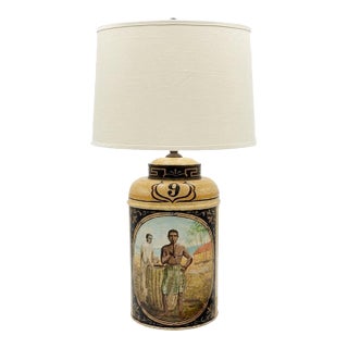 Vintage English Toleware Tea Caddy Table Lamp - Colonial Scene For Sale