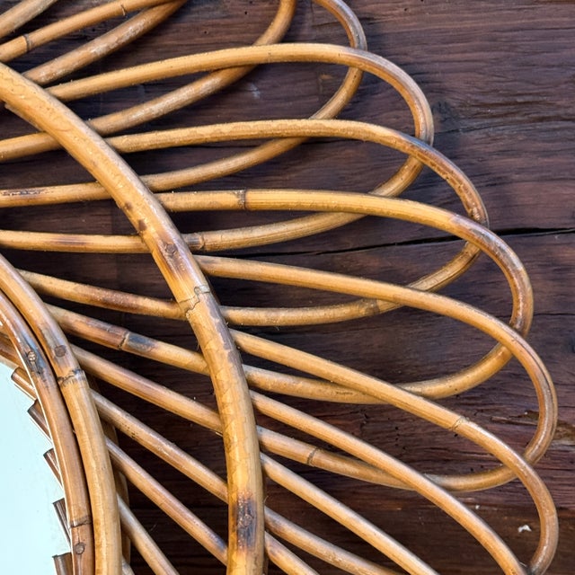 Wood Vintage French Round Rattan Mirror, 1950s For Sale - Image 7 of 11