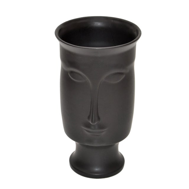 Mid-Century Modern black ceramic face or head vase. Great looking from all sides. Studio piece with no markings. A-751-335