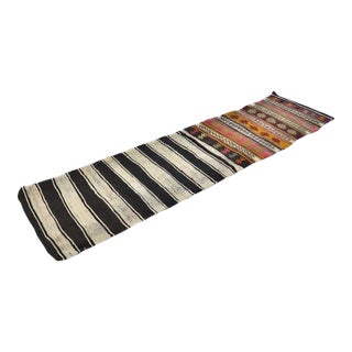 Vintage Turkish Kilim Runner – Minimalist Striped & Tribal Geometric Wool Hallway Runner For Sale