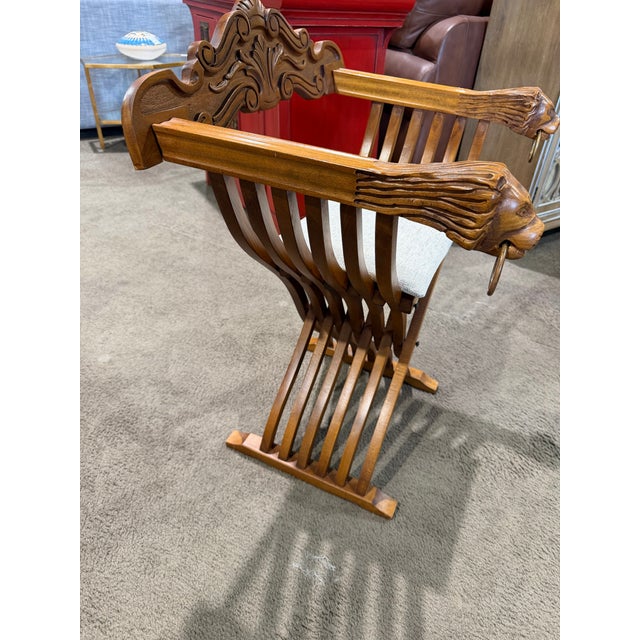 Carved Brown Wood Dining Chair With Beige Cushion - 1979 For Sale - Image 4 of 5