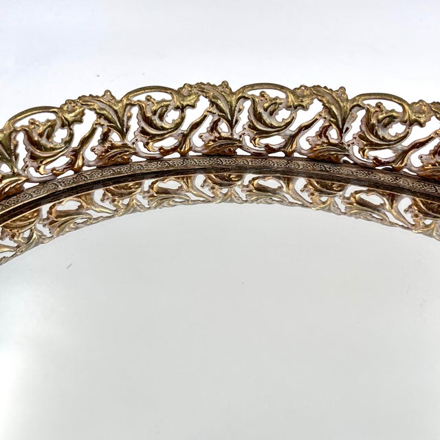 Metal Vintage Hollywood Regency Gold Ormolu Filigree Mirrored Long Oval Tray For Sale - Image 7 of 13