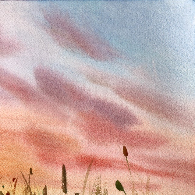 2020s Sunset Daisies - Original Green Pink Floral Landscape Watercolor Painting on Paper For Sale - Image 5 of 6