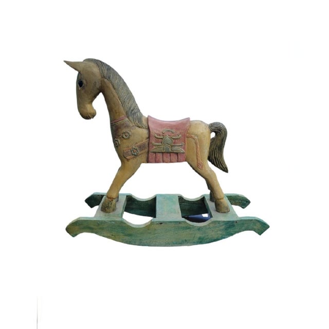 Vintage Solid Wood Carved Pastel Colored Decorative Rocking Horse Decor Statue For Sale In West Palm - Image 6 of 8