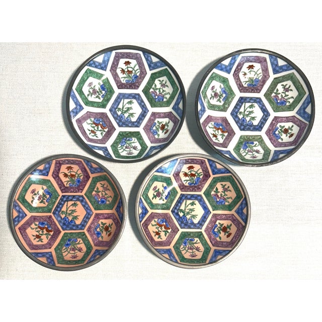 Mid 20th Century MCM Pewter and Ceramic Neiman Marcus Floral Asian Plates Bowls - A 4 Piece Set For Sale - Image 5 of 9