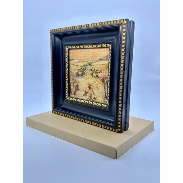 Paint Enamel on Tile Painting, Landscape Winter Scene With Figures, Framed and Signed For Sale - Image 7 of 12