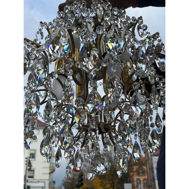 Hollywood Regency Art Deco Basket Chandelier in Brass & Crystal Ceiling Lamp For Sale - Image 17 of 18
