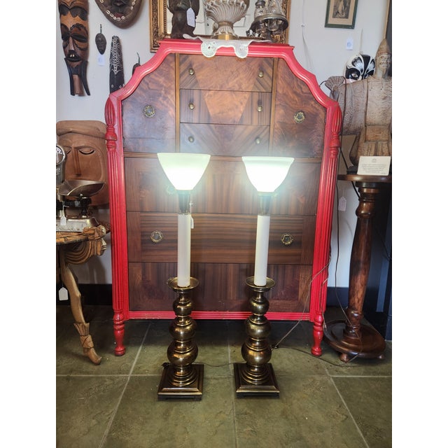 Mid 20th Century Mid 20th Century Pair of Stiffel Torchiere Brass Lamps For Sale - Image 5 of 8