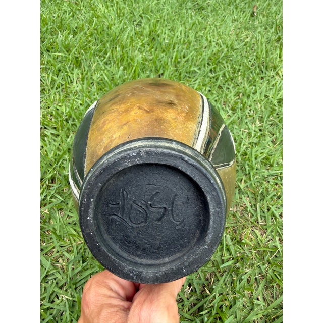 Vintage Signed Raku Studio Pottery Vase With Iridescent Geometric Design, 10” For Sale - Image 11 of 11