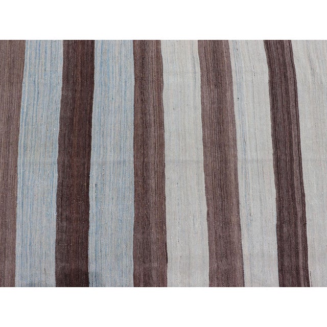 Modern Kilim Hand Woven Casual Rug With Stripes in Shades of Blue and Brown 8'6 X 12'6 For Sale - Image 10 of 13