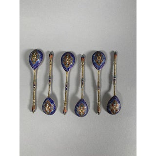 19th Century Enamelled Silver Spoons - Set of 6 For Sale