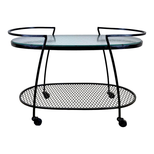 1960’s Mid Century Modern Oval Outdoor Wrought Iron “Pinecrest” Bar Cart by Russell Woodard For Sale
