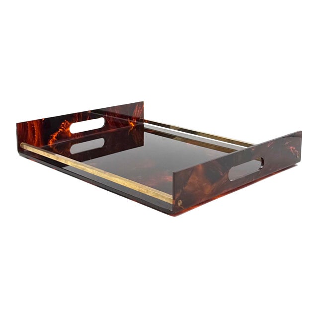 Hollywood Regency Brass and Tortoiseshell Lucite Tray, Italy 1970s For Sale
