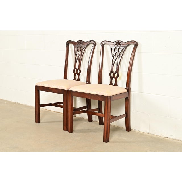 English Baker Furniture Style Georgian Carved Mahogany Side Chairs or Dining Chairs, Pair For Sale - Image 3 of 13