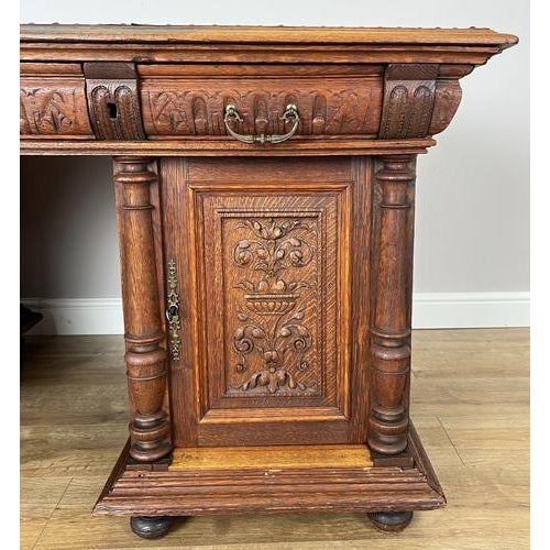 Antique French Style Oak Double Sided Carved Pedestal Desk For Sale - Image 11 of 18