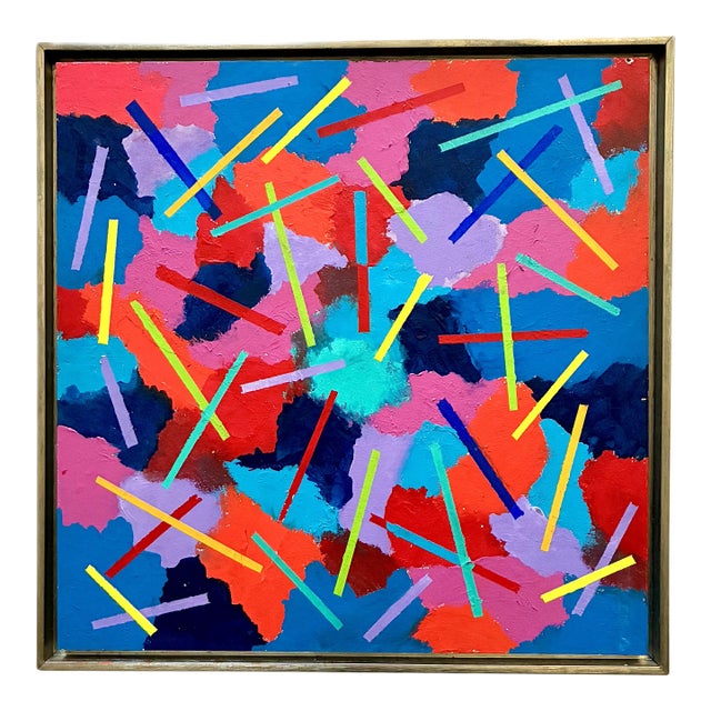 Early 1980s Post Modern Abstract Multi Color Painting/ 80s Textured Wall Art For Sale