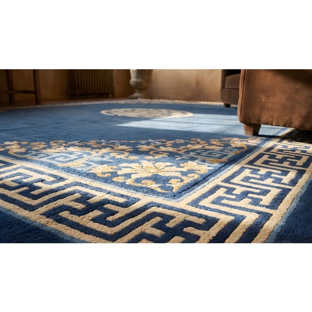 Royal Blue Antique Chinese Peking Rug & Royal Blue Background Color Floral-Medallion Design For Sale - Image 8 of 10
