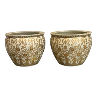 Chinoiserie Botanical White & Gold Jardinieres, Pair For Sale