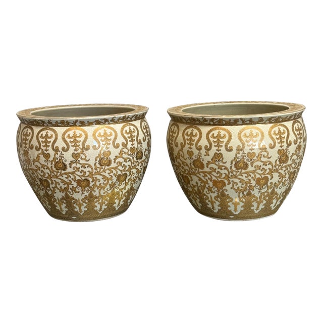 Chinoiserie Botanical White & Gold Jardinieres, Pair For Sale