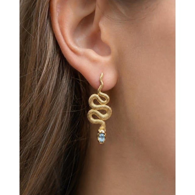 Massive Snake Earrings With Blue Topazes in Opened Mouth, Pair For Sale - Image 9 of 10