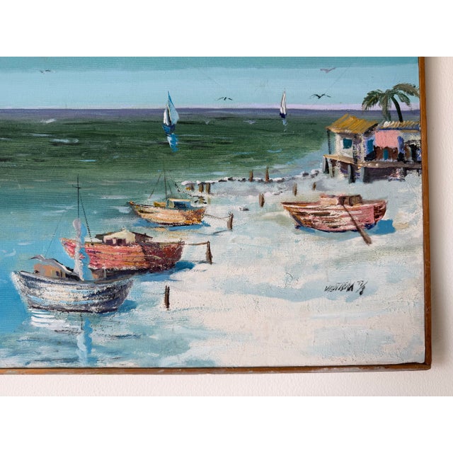 Aqua 1977 Vintage Coastal Seascape Oil on Canvas Painting – Signed, Illegible For Sale - Image 8 of 12