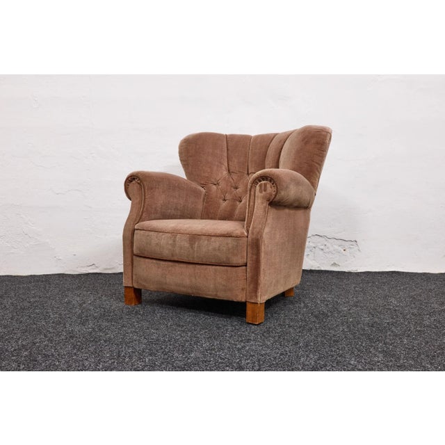 Fritz Hansen Vintage Danish Model 1518 Lounge Chair in Sand Beige Mohair Velvet from Fritz Hansen, 1940s For Sale - Image 4 of 18