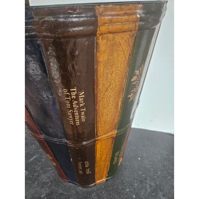 English Tall Leather Faux Book Faced Waste Basket For Sale - Image 3 of 5