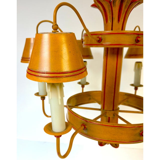 Mid 20th Century Hollywood Regency Ochre Japanned Faux Bamboo Tole Six-Light Chandelier For Sale - Image 11 of 18