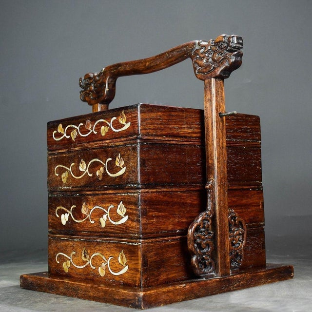 Chinese Vintage Chinese Huali Rosewood Inlaid "Magpie & Plum" Tiered Picnic Box With Dragon Handles For Sale - Image 3 of 9