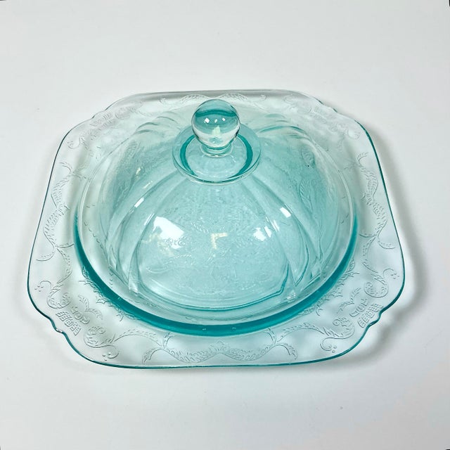 This late Mid-Century glass Domed Covered Butter Dish from the Indiana Glass Company in a beautiful Tiffany Blue glass....