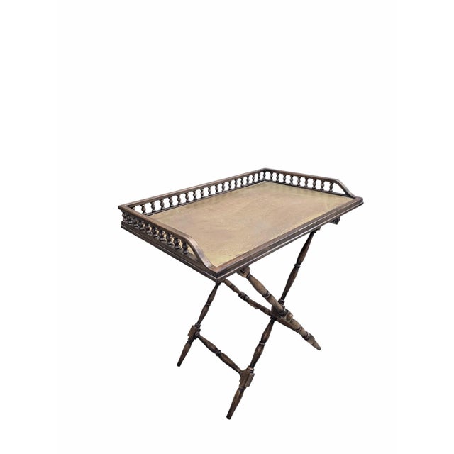 Mid 20th Century Vintage English Campaign-Style Folding Tray Table With Spindle Gallery For Sale - Image 5 of 9