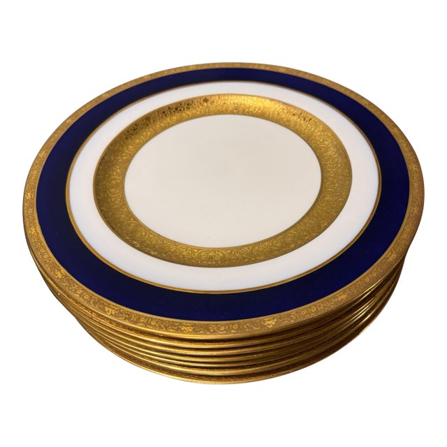 Set of 8 Vintage Crescent England Cobalt Blue & Gold Decorated 10" Dinner Plates For Sale